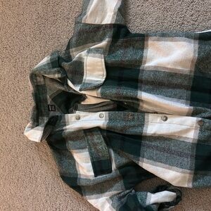 Green and White Plaid Button-Up Shirt